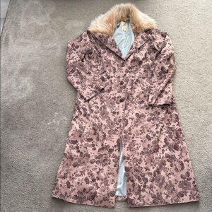 Elevenses Mauve Floral Trench Coat with Removable Faux Fur Collar